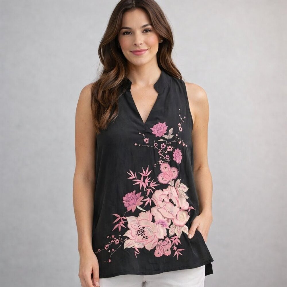 Tristan & Iseut 100% Silk Floral Tank | Black & Pink Sleeveless Blouse | Size S